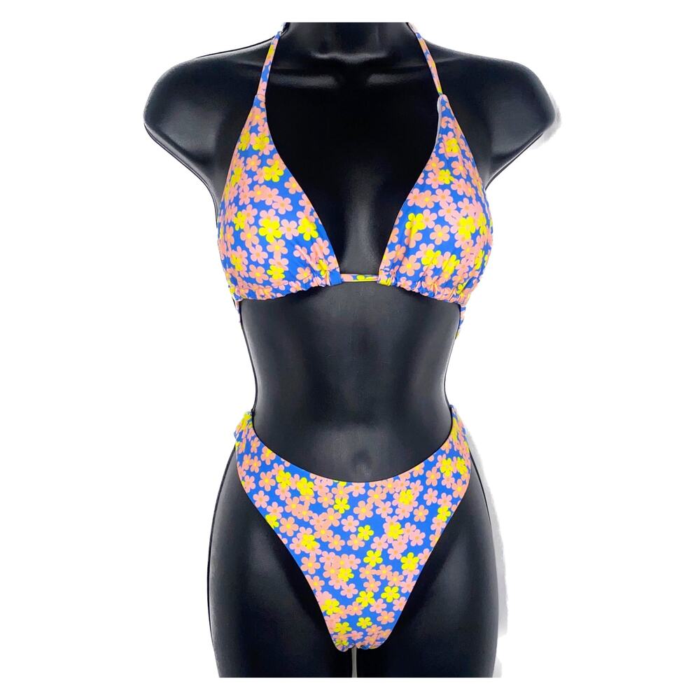 New Small Floral Daisy Blue Print Triangle Bikini Halter Triangle‎ Swimsuit Y2k